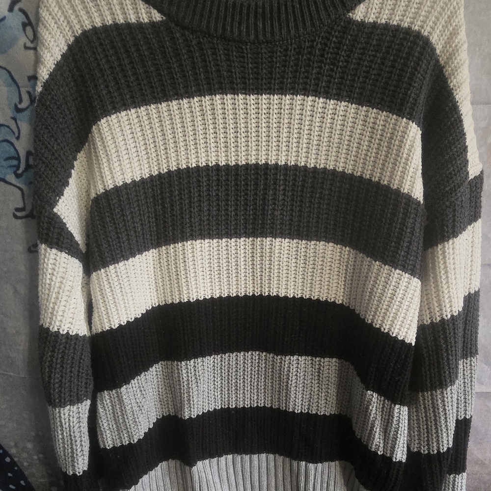 Time and Tru Black and Cream Striped Turtleneck Sweater